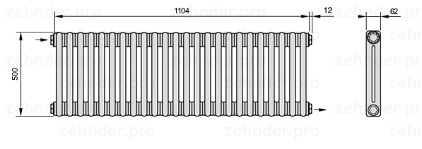 Схема (чертеж) Радиатор Zehnder Charleston 2050/24 №1670 Белый глянцевый RAL 9016